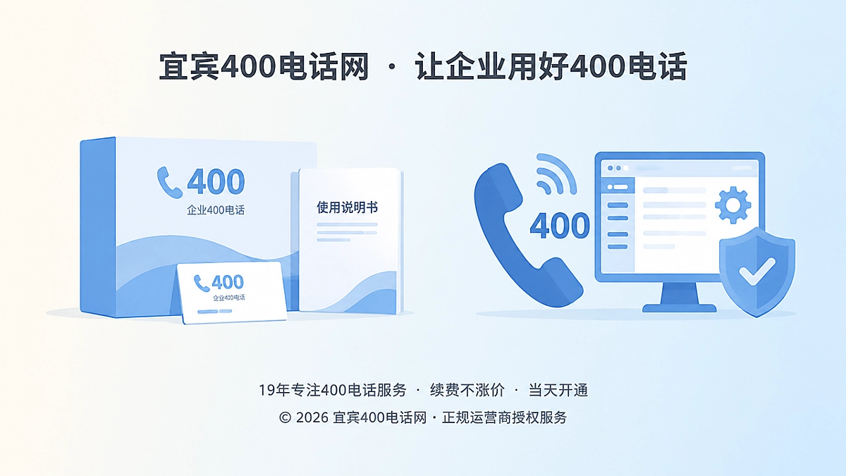 包装盒、标签与电话管理图标组成的扁平化插画，表现包装上的400电话需要长期管理。